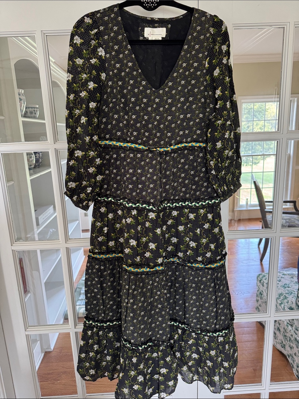 Anthropologie Black Floral Tiered Maxi Dress with Green Accents